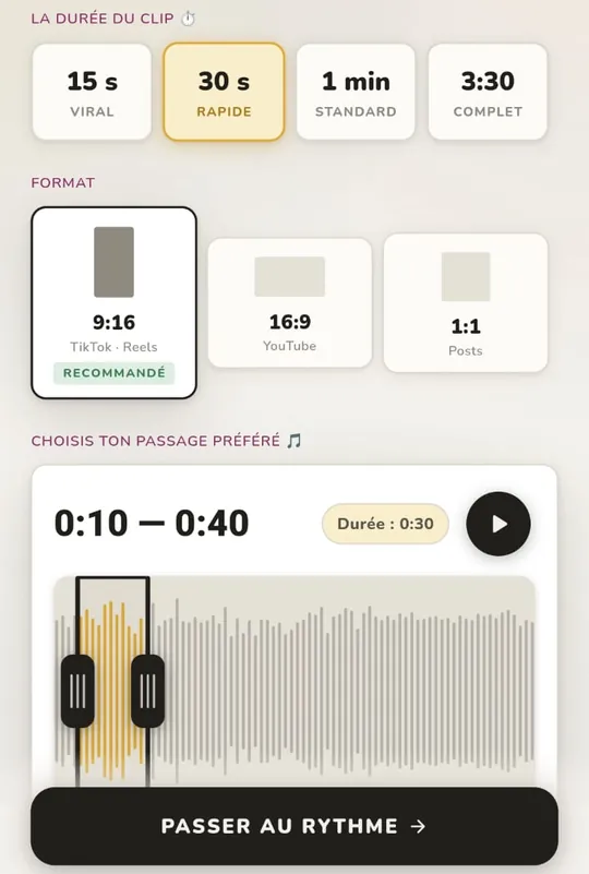 Écran Durée du clip de TREMOLO CUT : durée, format et passage du morceau