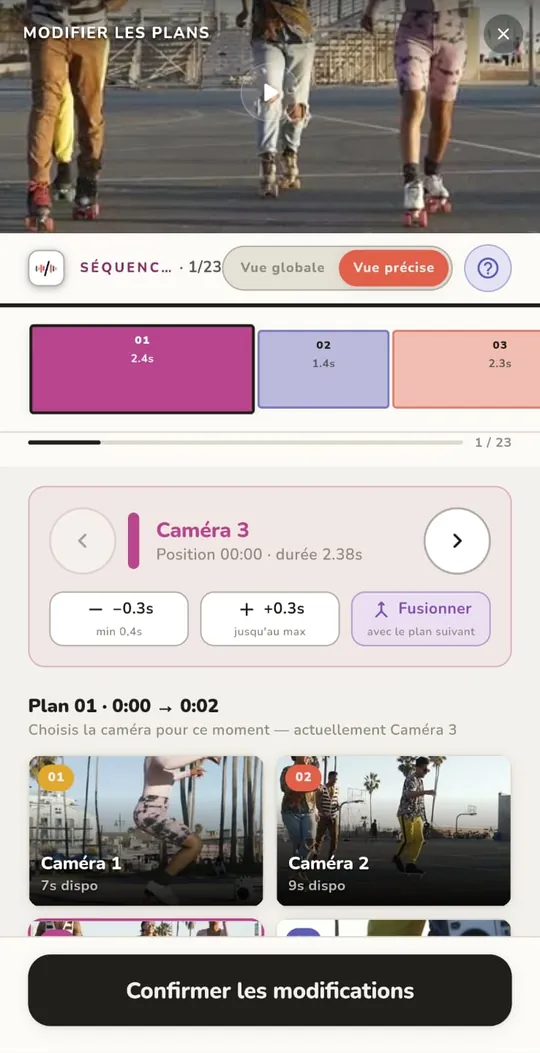 Pantalla de edición de planos de TREMOLO CUT: cada plano, su duración, su cámara