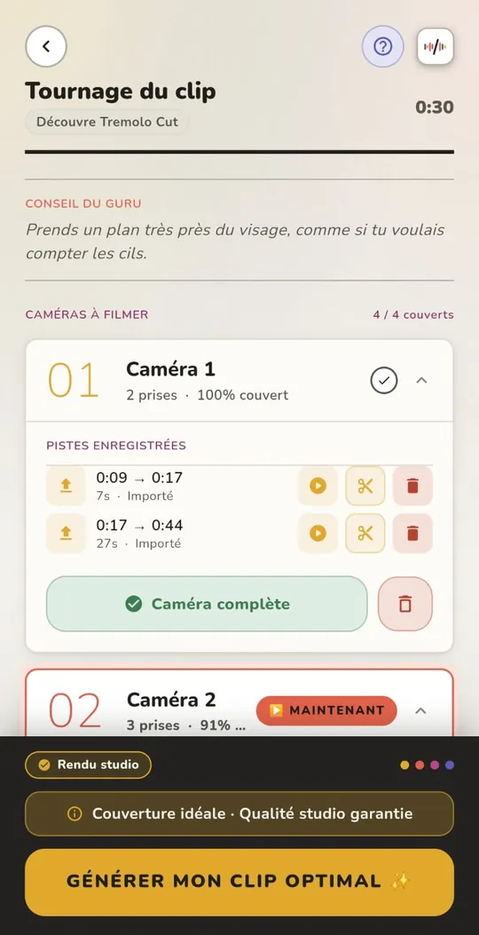 Écran de tournage de TREMOLO CUT : quatre caméras à filmer